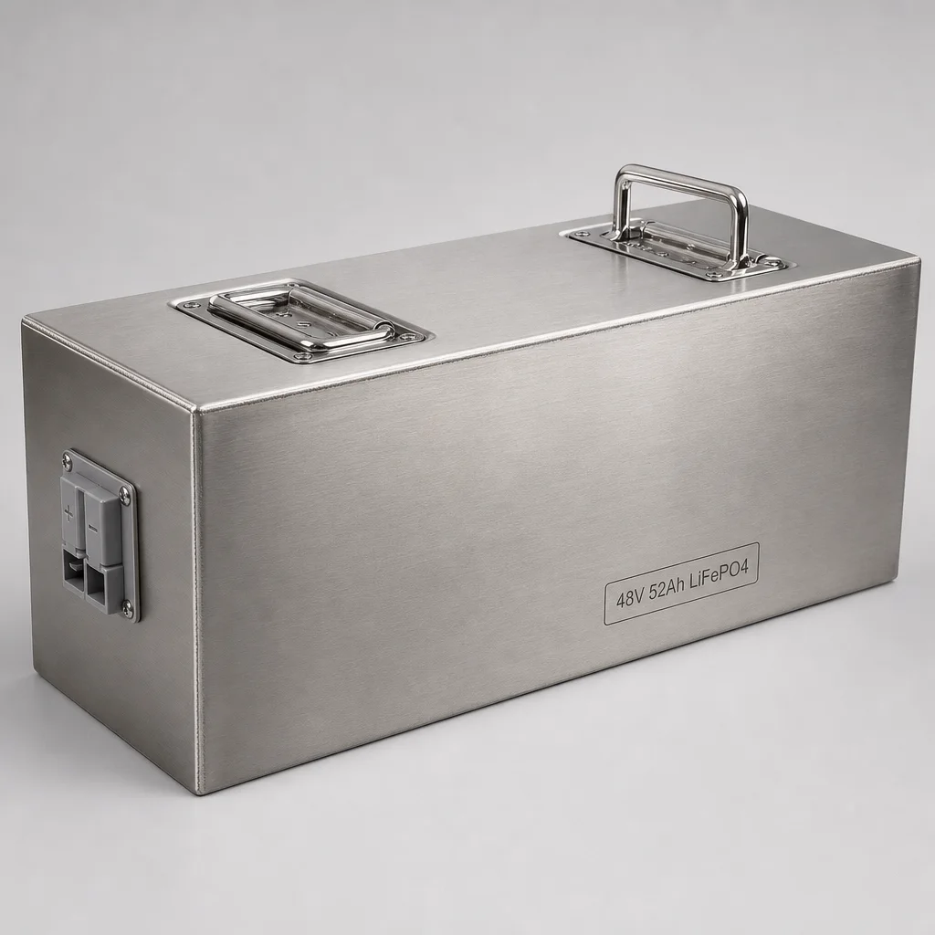 48V 52Ah LiFePO4 pedicab battery in a stainless steel enclosure with fold-up handles and an Anderson plug on the end